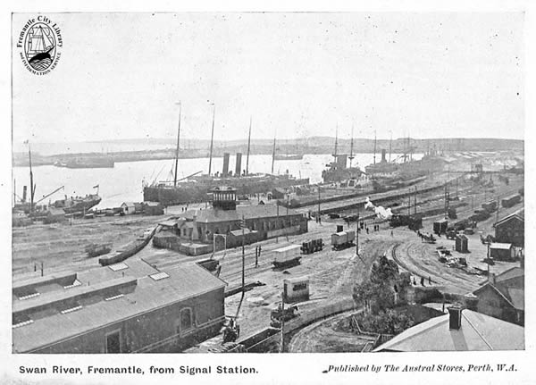 View from Arthur Head Signal Station looking across Cliff St and the railway lines to the Fremantle Harbour, late 1904.
