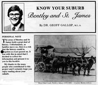 Front page of "Know Your Suburb: Bentley and St James". Records of Geoff Gallop. Direct mail, 1990. GG00016/3.