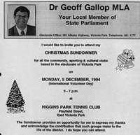 Christmas invitation for community groups in the electorate of Victoria Park. Records of Geoff Gallop. Direct mail, 1993-1994. GG00016/6.