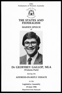 Cover of "The States and Federalism". Maiden speech of Dr Geoffrey Gallop, MLA.
