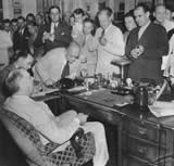 Roosevelt meets with the media at a presidential press conference, 1939.